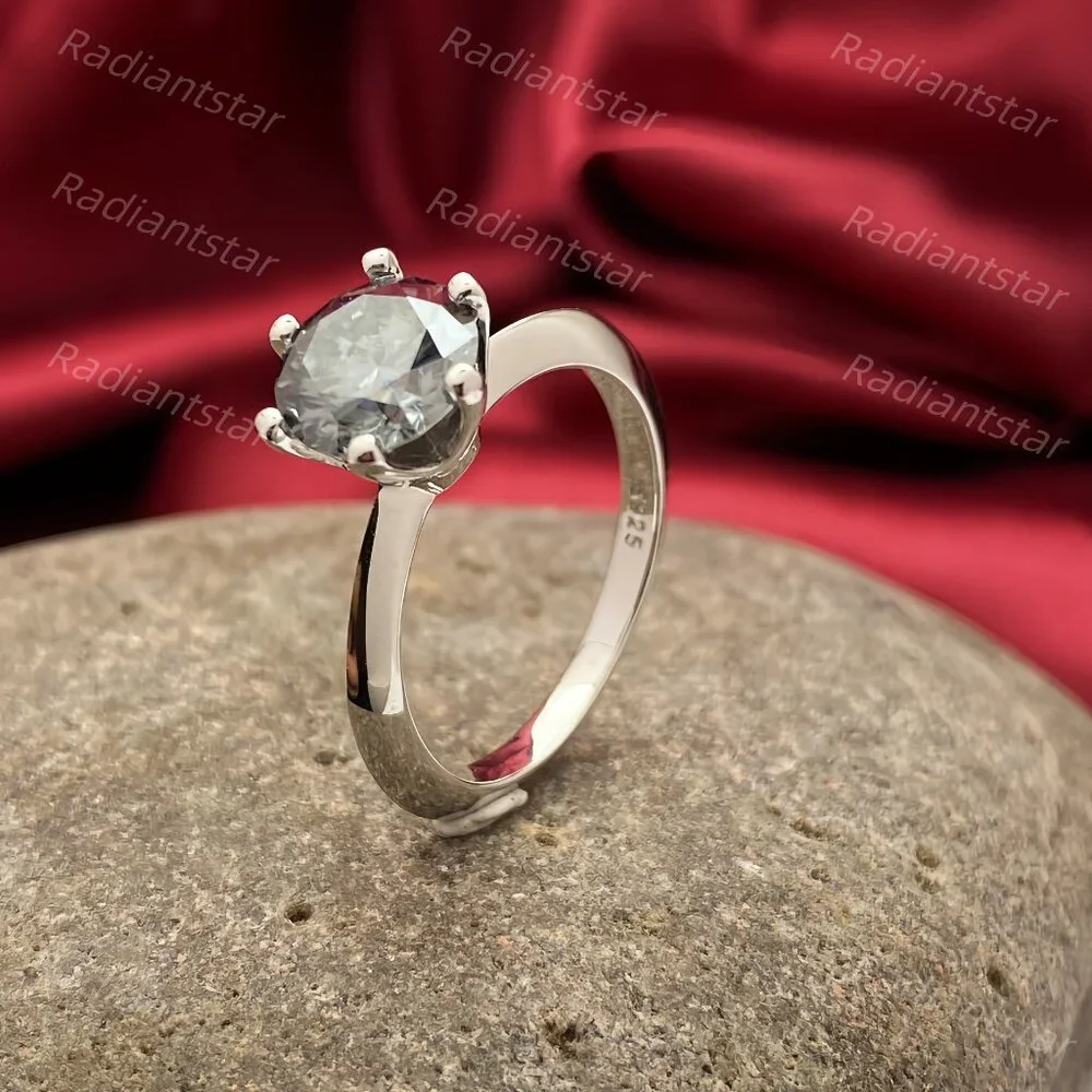 NEW Certified 2 ct. t.w. Grey Moissanite Solitaire 6 Prong Ring
